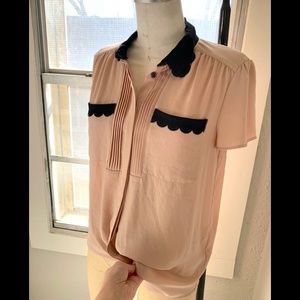 Darling Secretary Cream/Beige/Light Pink Shirt with Doily Collar and Pocket